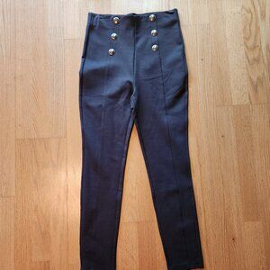 Zara Women's Olive Ponte Leggings Pants Gold Button Skinny Stretch Size L